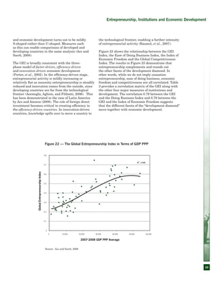 39
and economic development turns out to be mildly
S-shaped rather than U-shaped. Measures such
as this can enable comparisons of developed and
developing countries in the same analysis (Acs and
Szerb, 2008).
The GEI is broadly consistent with the three-
phase model of factor-driven, efficiency-driven
and innovation-driven economic development
(Porter, et al., 2002). In the efficiency-driven stage,
entrepreneurial activity is mildly increasing or
relatively flat as necessity entrepreneurship is steadily
reduced and innovation comes from the outside, since
developing countries are far from the technological
frontier (Acemoglu, Aghion, and Filibotti, 2006). This
has been demonstrated in the case of Latin America
by Acs and Amoros (2008). The role of foreign direct
investment becomes critical in creating efficiency in
the efficiency-driven countries. In innovation-driven
countries, knowledge spills over to move a country to
the technological frontier, enabling a further intensity
of entrepreneurial activity (Baumol, et al., 2007).
Figure 23 shows the relationship between the GEI
Index, the Ease of Doing Business Index, the Index of
Economic Freedom and the Global Competitiveness
Index. The results in Figure 23 demonstrate that
entrepreneurship complements and rounds out
the other facets of the development diamond. In
other words, while we do not imply causation
entrepreneurship, ease of doing business, economic
freedom and competitiveness are all correlated. Table
3 provides a correlation matrix of the GEI along with
the other four major measures of institutions and
development. The correlation 0.79 between the GEI
and the Doing Business Index and 0.79 between the
GEI and the Index of Economic Freedom suggests
that the different facets of the “development diamond”
move together with economic development.
R
2
= 0.65
0
0.1
0.2
0.3
0.4
0.5
0.6
0.7
0.8
0 10,000 20,000 30,000 40,000 50,000 60,000
2007-2008 GDP PPP Average
GlobalEntrepreneurshipIndex
Figure 22 — The Global Entrepreneurship Index in Terms of GDP PPP
Source: Acs and Szerb, 2008
Entrepreneurship, Institutions and Economic Development
 
