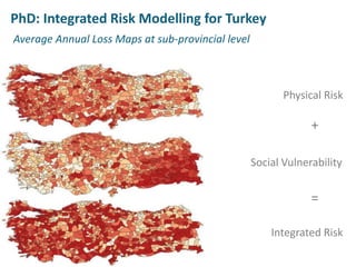 Physical Risk 
+ 
Social Vulnerability 
= 
Integrated Risk 
5th International Disaster and Risk Conference IDRC 2014 
‘Integrative Risk Management - The role of science, technology & practice‘ • 24-28 August 2014 • Davos • Switzerland 
www.grforum.org 
PhD: Integrated Risk Modelling for Turkey 
Average Annual Loss Maps at sub-provincial level 
 
