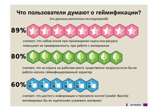 Что пользователи думают о геймификации?
(по&данным&различных&исследований)
считают,&что&набор&очков&при&прохождении&курса&или&ресурса&
повышают&их&приверженность&при&работе&с&материалом
считают,&что&их&отдача&на&рабочем&месте&существенно&возросла&если&бы&их&
работа&носила&геймифицированный характер
считают,&что&доступ&к&информации&о&прогрессе&коллег&(Leader&Boards)&&
мотивировал&бы&их&тщательнее&усваивать&материал
89%
80%
60%
 