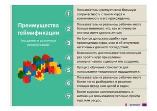 Пользователь&чувствует&свою&большую&
сопричастность&с&темой&курса&и&
вовлеченность&в&его&прохождение;
Пользователь&на&реальном&рабочем&месте&
больше&понимает,&что,&как&и&почему&он&
или&она&могут&сделать&лучше;
Не&боится&допускать&ошибки&при&
прохождении&курса,&зная&о&об&отсутствии&
негативных&для&него&последствий;
Возможность&для&пользователя&несколько&
раз&пройти&курс&при&условии&
альтернативного&сценария&его&создания;
Процесс&обучения&становится&для&
пользователя&«видимым&и&ощущаемым»;
Пользователь&на&реальном&рабочем&месте&
более&легко&разбирается&в&решении&
стоящих&перед&ним&целей&и&задач;
Более&высокая&заинтересованность&и&
мотивация&пользователя&успешно&пройти&
курс&или&ресурс.
Преимущества
геймификации
(по данным различных
исследований)
 