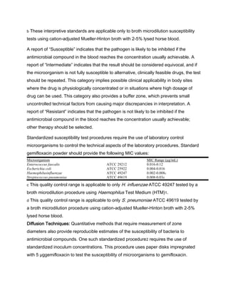 b These interpretive standards are applicable only to broth microdilution susceptibility
tests using cation-adjusted Mueller-Hinton broth with 2-5% lysed horse blood.
A report of “Susceptible” indicates that the pathogen is likely to be inhibited if the
antimicrobial compound in the blood reaches the concentration usually achievable. A
report of “Intermediate” indicates that the result should be considered equivocal, and if
the microorganism is not fully susceptible to alternative, clinically feasible drugs, the test
should be repeated. This category implies possible clinical applicability in body sites
where the drug is physiologically concentrated or in situations where high dosage of
drug can be used. This category also provides a buffer zone, which prevents small
uncontrolled technical factors from causing major discrepancies in interpretation. A
report of “Resistant” indicates that the pathogen is not likely to be inhibited if the
antimicrobial compound in the blood reaches the concentration usually achievable;
other therapy should be selected.
Standardized susceptibility test procedures require the use of laboratory control
microorganisms to control the technical aspects of the laboratory procedures. Standard
gemifloxacin powder should provide the following MIC values:
Microorganism MIC Range (μg/mL)
Enterococcus faecalis ATCC 29212 0.016-0.12
Escherichia coli ATCC 25922 0.004-0.016
Haemophilusinfluenzae ATCC 49247 0.002-0.008c
Streptococcus pneumoniae ATCC 49619 0.008-0.03d
c This quality control range is applicable to only H. influenzae ATCC 49247 tested by a
broth microdilution procedure using Haemophilus Test Medium (HTM)1.
d This quality control range is applicable to only S. pneumoniae ATCC 49619 tested by
a broth microdilution procedure using cation-adjusted Mueller-Hinton broth with 2-5%
lysed horse blood.
Diffusion Techniques: Quantitative methods that require measurement of zone
diameters also provide reproducible estimates of the susceptibility of bacteria to
antimicrobial compounds. One such standardized procedure2 requires the use of
standardized inoculum concentrations. This procedure uses paper disks impregnated
with 5 μggemifloxacin to test the susceptibility of microorganisms to gemifloxacin.
 