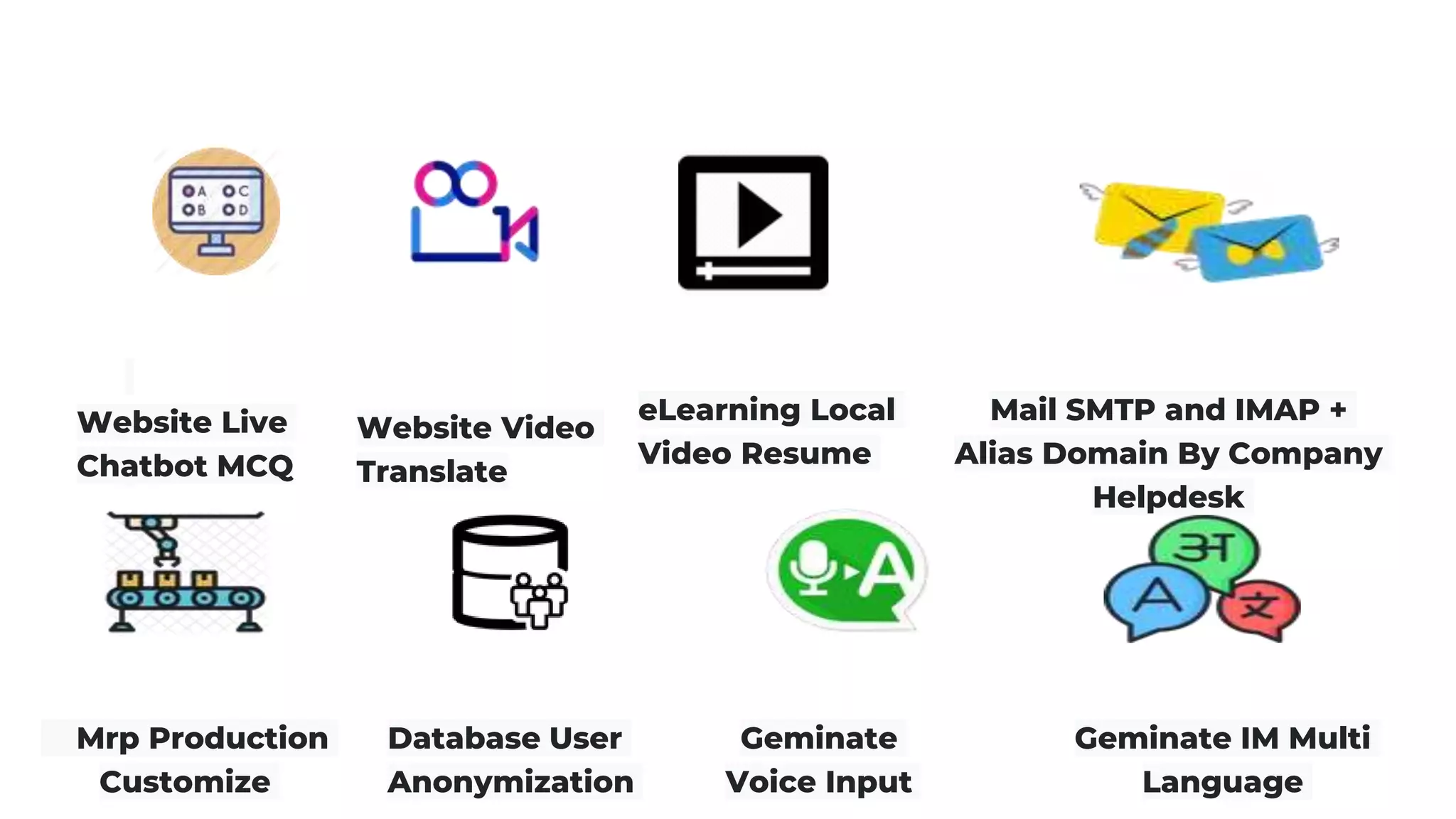 eLearning Local
Video Resume
Mail SMTP and IMAP +
Alias Domain By Company
Helpdesk
Website Live
Chatbot MCQ
Mrp Production
Customize
Database User
Anonymization
Geminate
Voice Input
Geminate IM Multi
Language
Website Video
Translate
 