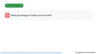 Function Calling
https://github.com/GoogleCloudPlatform/generative-ai/tree/main/gemini/function-calling/sql-talk-app goo.gle/gemini-fn-call-sql-github
 