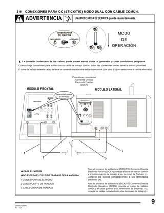 GEMINIS PM6
PC - 13
3-9 CONEXIONES PARA CC (STICK/TIG) MODO DUAL CON CABLE COMÚN.
ADVERTENCIA UNADESCARGAELECTRICA puedecausarlamuerte.
RE M O TO
C O N T IN U O
R E M O T O
C O N TIN U O
MODULO FRONTAL MODULO LATERAL
Para el proceso de soldadura STICK/TIG Corriente Directa
Electrodo Positivo (DCEP) conecte el cable de trabajo común
y el cable puente de trabajo a las terminal de Trabajo (-),
Conecte los cables portaelectrodo a las terminales
Electrodo (+).
Para el proceso de soldadura STICK/TIG Corriente Directa
Electrodo Negativo (DCEN) conecte el cable de trabajo
común y el cable puente a las terminales de Electrodo (+),
conecte los cables portaelectrodo a las terminales de trabajo (-).
1
1
2
Conexiones mostradas
Corriente Directa
Electrodo Positivo
(DCEP)
PARE EL MOTOR
NO EXCEDA EL CICLO DE TRABAJO DE LA MAQUINA.
1 CABLES PORTAELECTRODO.
2 CABLE PUENTE DE TRABAJO.
3.CABLE COMUN DE TRABAJO
La conexión inadecuada de los cables puede causar serios daños al generador y crear condiciones peligrosas.
Cuando haga conexiones para soldar con un cable de trabajo común, todas las conexiones deben tener la misma polaridad.
El cable de trabajo debe ser capaz de llevar la corriente de soldadura de los dos modulos (Ver tabla 3-1 para seleccionar el calibre adecuado)
3
MODO
DE
OPERACIÓN
Selector de Procesos
en la posición
Electrodo/TIG
9
 