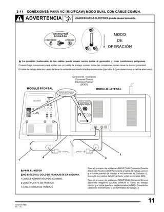 GEMINIS PM6
PC - 15
3-11 CONEXIONES PARA VC (MIG/FCAW) MODO DUAL CON CABLE COMÚN.
ADVERTENCIA UNADESCARGAELECTRICA puedecausarlamuerte.
R E M O T O
C O N T IN U O
R E M O T O
C O N TI N U O
MODULO FRONTAL MODULO LATERAL
Para el proceso de soldadura MIG/FCAW Corriente Directa
Electrodo Positivo (DCEP) conecte el cable de trabajo común
y el cable puente de trabajo a las terminal de Trabajo (-),
Conecte los cables del Alimentador a las terminales MIG.
Para el proceso de soldadura MIG/FCAW Corriente Directa
Electrodo Negativo (DCEN) conecte el cable de trabajo
común y el cable puente a las terminales de MIG. Conecte los
cables del Alimentador a las terminales de trabajo (-).
1
1
2
Conexiones mostradas
Corriente Directa
Electrodo Positivo
(DCEP)
PARE EL MOTOR
NO EXCEDA EL CICLO DE TRABAJO DE LA MAQUINA.
1 CABLES ALIMENTADOR DE ALAMBRE.
2 CABLE PUENTE DE TRABAJO.
3.CABLE COMUN DE TRABAJO
La conexión inadecuada de los cables puede causar serios daños al generador y crear condiciones peligrosas.
Cuando haga conexiones para soldar con un cable de trabajo común, todas las conexiones deben tener la misma polaridad.
El cable de trabajo debe ser capaz de llevar la corriente de soldadura de los dos modulos (Ver tabla 3-1 para seleccionar el calibre adecuado)
3
MODO
DE
OPERACIÓN
Selector de Procesos
en la posición MIG
11
 