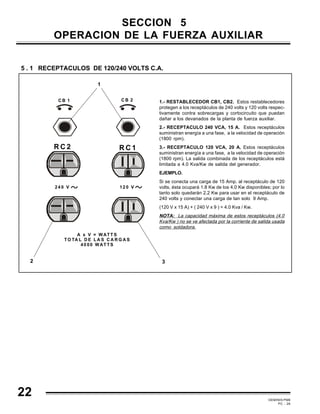 GEMINIS PM6
PC - 26
22
SECCION 5
OPERACION DE LA FUERZA AUXILIAR
1.- RESTABLECEDOR CB1, CB2. Estos restablecedores
protegen a los receptáculos de 240 volts y 120 volts respec-
tivamente contra sobrecargas y cortocircuito que puedan
dañar a los devanados de la planta de fuerza auxiliar.
2.- RECEPTACULO 240 VCA, 15 A. Estos receptáculos
suministran energía a una fase, a la velocidad de operación
(1800 rpm).
3.- RECEPTACULO 120 VCA, 20 A. Estos receptáculos
suministran energía a una fase, a la velocidad de operación
(1800 rpm). La salida combinada de los receptáculos está
limitada a 4.0 Kva/Kw de salida del generador.
EJEMPLO.
Si se conecta una carga de 15 Amp. al receptáculo de 120
volts, ésta ocupará 1.8 Kw de los 4.0 Kw disponibles; por lo
tanto solo quedarán 2.2 Kw para usar en el receptáculo de
240 volts y conectar una carga de tan solo 9 Amp.
(120 V x 15 A) + ( 240 V x 9 ) = 4.0 Kva / Kw.
NOTA: La capacidad máxima de estos receptáculos (4.0
Kva/Kw ) no se ve afectada por la corriente de salida usada
como soldadora.
5 . 1 RECEPTACULOS DE 120/240 VOLTS C.A.
R C 2 R C 1
24 0 V 12 0 V
A x V = W ATT S
TO TA L D E L A S C A R G A S
40 00 WAT TS
C B 1 C B 2
1
2 3
 