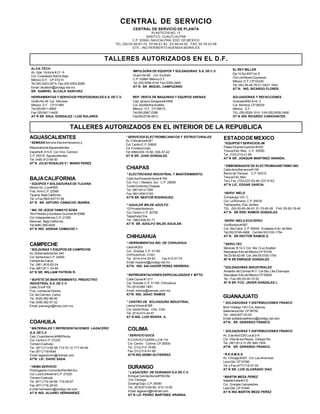 CENTRAL DE SERVICIO
CENTRAL DE SERVICIO DE PLANTA
PLASTICOS NO. 17
SAN FCO. CUAUTLALPAN
C.P. 53560, NAUCALPAN, EDO. DE MEXICO
TEL.(55) 53-58-87-74, 53-58-41-83, 53-58-44-00 FAX: 55-76-23-58
GTE.: ING HERIBERTO BUENDIA MORALES
IMPULSORA DE EQUIPOS Y SOLDADURAS S.A. DE C.V.
Guam No 68 Col. Euzkadi
C.P. 02660 México D.F.
Tel.(55)5556-9142 Fax 5355-3649
AT`N: SR. MIGUEL CAMPUZANO
TALLERES AUTORIZADOS EN EL D.F.
TALLERES AUTORIZADOS EN EL INTERIOR DE LA REPUBLICA
EL REY MILLER
Eje10Sur#97Int.8
ColLosReyesCoyoacan
México D.F. CP 04330
Tel.(55) 56-44-76-01/5421-1043
AT`N: ING. RICARDO FLORES
HERRAMIENTAS Y SERVICIOS PROFESIONALES S.A. DE C.V.
Giotto No 46 Col. Mixcoac .
México D.F. CP 01460
Tel(55)5611-6800
Fax (55)5611-4400
AT´N SR. RAUL GONZALEZ / LUIS SOLARES
BAJACALIFORNIA
* EQUIPOS Y SOLDADURAS DE TIJUANA.
MisionSn.Luis#655.
Frac.KinoC.P.22580
Tijuana,BajaCalifornia.
Tel .y Fax (664) 627 01 84
AT´N SR. ARTURO CAMACHO IBARRA.
* MA. DE JESUS TAMAYO SOSA
RioPresidioyGordianoGuzman#1299B
Col.Independencia C.P.21290
Mexicali, Baja California.
Tel(686) 5654405
AT´N ING. ADRIAN CAMACHO I.
CAMPECHE
* SOLDURAS Y EQUIPOS DE CAMPECHE.
Av.GobernadoresNo.345
Col.SantaAna.C.P.24050
CampecheCamp.
Tel. (981)816-63-24
Fax (981)811-34-90
AT´N SR. WILLIAM PATRON R.
* BUFETE DE MANTENIMIENTO. PREDICTIVO
INDUSTRIAL S.A. DE C.V.
Calle33a#105
Frac.LomasdeHolche.
Cd.delCarmen,Camp.
Tel (938)382-88-50
Fax (938)382-07-22
Email:jcamargo@bmpi.com.mx
* SERVICIOS ELECTROMECANICOS Y ESTRUCTURALES
Av.Chihuahua#251
Col.CentroC.P.25600
Cd.FronteraCoah.
Tel (886)635-15-58; 635-07-42
AT´N SR. JUAN GONZALEZ.
CHIAPAS
* ELECTRICIDAD INDUSTRIAL Y MANTENIMIENTO.
Calle3raPonienteNorte#159
Col. Fco. I. Madero. Sur C.P. 29090
TuxtlaGutierrezChiapas.
Tel. (961)612-7295
Fax (961)600-0183
AT'N SR. NESTOR RODRIGUEZ.
* AGUILAR WILDE ADOLFO
12PrivadaNortes/n.
Col.Centro C.P.30700
TapachulaChis.
Tel. (962)626-91-71
AT´N SR. ADOLFO WILDE AGUILAR.
DURANGO
* LAGACERO DE DURANGO S.A DE C.V.
EnriqueCarrolaAtuna#706Ote.
Col.Cienega.
DurangoDgo.C.P.34090
Tel.:(618)813-60-60; 813-12-00
Email.lagacero@hotmail.com
AT`N LIC PEDRO MARTINEZ ARANDA.
CHIHUAHUA
* HERRAMIENTAS IND. DE CHIHUAHUA
Cedro#203
Col..Granjas.C.P.31160
CHIHUAHUA, CHIH.
Tel. (614) 414-34-53 Fax 414-57-74
Email.hicperez@prodigy.net.mx
AT'N: ING. SALVADOR PEREZ HERRERA.
* REPRESENTACIONES ESPECIALIZADAS Y MTTO.
CalleCipres#1317
Col.Granjas C.P.31160 Chihuahua
TEL(614)482-1891
Email.iramos@resman.com.mx
AT'N: ING. ISAAC RAMOS
* CENTRO DE SOLDADURA INDUSTRIAL.
LeonaVicario#306
Col. Santa Rosa. Chih. Chih.
Tel (614)410-44-91
AT´N ING. LUIS RIVERA A.
GUANAJUATO
* SOLDADURAS Y DISTRIBUCIONES FRANCO
Blvd.Hidalgo1301Col.Alamos.
SalamancaGto.CP36750
Tel. (464)647-03-93
Email:soldadurasfranco@prodigy.net.com
AT'N: SR. GERARDO FRANCO.
* SOLDADURAS Y DISTRIBUCIONES FRANCO
Av.2deAbril230Local214
Col. Villa de los Reyes. Celaya Gto.
Tel. (461)613-31-09; 646-1509
AT'N: SR. GERARDO FRANCO.
*R.E.S.M.A.S.
Av.Chicago#501.Col.LasAmericas
LeonGto.CP37390
Tel.yFax(477)715-57-24
AT`N SR. LUIS ALVARADO DIAZ.
*MARTIN MEZA PEREZ
SateliteFeba#312
Col. GranjasCampestres
LeónGto.CP37440
AT´N ING MARTIN MEZA PEREZ
COAHUILA
* MATERIALES Y REPRESENTACIONES LAGACERO
S.A. DE C.V
Calz.Cuauhtemoc#965Norte.
Col.CentroC.P.27220
TorreonCoahuila.
Tel. (871)713-80-58,713-72-12,717-45-49
Fax (871)7184549
Email:lagaceromr@hotmail.com
AT'N: LIC. DAVID SADA.
* HEMA SERVICIO
ProlongacionComonfortNo954Sur
Col.LuisEcheverriaC.P.27220
TorreonCoahuila
Tel (871)716-09-99; 716-09-97
Fax (871)716-29-93
e-mail:hemaserv@prodigy.net.com
AT´N ING. ALVARO HERNANDEZ.
AGUASCALIENTES
* SEMASA Servicio Electromecanico y
MaquinariadeAguascalientes
España # 415-A Col. Hno. Carreon
C.P.20210 Aguascalientes.
Tel.(449) 913-58-00
AT´N JULIO ROSALES V / MARIO PEREZ
COLIMA
*SERVICIOGUCS.
R-CHAVEZCARRILLO#118
Col Centro Colima CP 28000
Tel. (312)312-19-66;
Fax (312)314-91-66
AT'N ING SEMEI GUTIERREZ.
ALCA-TECH
Av. Gpe. Victoria # 21- A
Col. Cuautepec Barrio Bajo
México D.F. CP 07210
Tel (55) 5323-2015 Fax.(55) 5303-8290
Email: alcatech@prodigy.net.mx
SR. GABRIEL ALCALA SANCHEZ
ESTADODEMEXICO
*EQUIPOSYSERVICIOSJM.
PaseoVicenteGuerrero#220
Toluca Edo. Mex. C.P. 50000
Tel. (722)213-21-69
AT`N SR. JOAQUIN MARTINEZ ARANDA.
* EMBOBINADOS DE ELECTROMAGNETISMO IND.
CalledelaBarranca#158
Barrio de Tlacopa C.P. 50010
TolucaEdo.Mex.
Tely Fax.(722)237-03-46/237-5103
AT`N LIC. EDGAR GARCIA.
*SERVI WELD
Zumpango123-C
Col.LaRomana C.P.54030
Tlalnepantla, Edo.deMex
TEL: (55) 55-65-06-43 51-75-65-08 FAX: 55-65-19-40
AT`N: SR ERIC RAMOS GONZALEZ.
*SERVI WELD ECATEPEC
ViaMorelos#587
Col. Sta Clara C.P. 55540 Ecatepec Edo. de Mex
Tel(55)5749-4966 Cel044555100-1754
AT`N: SR HECTOR RAMOS G.
*SERVI-TEC
Mexicas #.14-3 Col. Sta. Cruz Acatlan
Naucalpan Edo de México CP 53150
Tel.53-60-63-59 Cel. 044 55 5100-1754
AT´N SR ENRIQUE GONZALEZ
*SOLDADORAS INDUSTRIALES
Andador del Carmen # 11 Col Sta. Lilia Chamapa
Naucalpan Edo de México CP 53620
Tel. / Fax (55) 53-00-72-52
AT´N SR. FCO. JAVIER GONZALEZ L
REP. VENTA DE MAQUINAS Y EQUIPOS ARENAS
Calz.IgnacioZaragoza#2599
Col.StaMarthaAcatitla
México D.F. CP 09510
Tel(55)2687-2396
Fax(55)5738-4813
SOLDADORAS Y REFACCIONES
Granada#60-AInt.3
Col. Morelos CP 06200
México D.F.
TEL:(55)5529-1010 FAX(55)5526-2490
AT´N ING RICARDO CARAVANTES
 