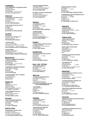 JALISCO
*ARCOTECNIA
Prolongación Primero de Mayo No.1897-1
Cd. Guzman, Jalisco C.P. 49000
Tel/Fax (341) 413-23-68
AT´N ING DANIEL RIVA MORALES
* TECNICOS RIMAG
Calle Dr. R. Michel # 1709-B,
Sector Reforma Guadalajara Jal. C.P. 44100
Tel. (33) 36-39-2580 Fax:( 33) 36-19-40-73
AT´N:SR. ADALBERTO RIVAS Y SALVADOR RIVAS.
*TECNICOS RIMAG
CalleGante#29Sect.Reforma
GuadalajaraJal.CP44460
Tel (33) 3619-9597 Fax (33) 3619-4073
AT´N SR. ADALBERTO RIVAS Y SALVADOR RIVAS
MICHOACAN
* PERFILES Y HERRAMIENTAS DE MORELIA
GertrudisBocanegra#898
Col.VenturaPuente CP58020
MoreliaMichoacan
Tel (443) 312-6052 Fax (443) 312-9915
AT´N SR. MIGUEL RUIZ.
* HERRAMIENTAS Y MOTORES DE MORELIA.
CalleDr.SalvadorPineda#53y
Dr. Miguel Silva C.P.58020
Morelia, Mich.
Tel (443)313-55-69
AT´N SR. PASTOR SOSA.
* EDUARDO ROSENDO LEON Y LLANDERAL
Av.MaderoPte#2800
Col. Los Ejidos CP 58140
Morelia, Michoacan
Tel.(443)320-73-20
MORELOS.
* INDELSA
CalleArcelia#4Esq.Anahuac
AmpliacionPorvenir
JiutepecMor. CP62550
Tel / Fax (777) 320-73-05 / 320-15-64
AT´N HUMBERTO GUTIERREZ.
* LOPEZ HERNANDEZ SARA LILIA
EjeNorteSur#436
CIVAC C.P. 62550 Jiutepec Mor.
Tel 01(777) 320-01-20
AT´N SRITA. SARA L. LOPEZ H.
NUEVOLEON.
DISTRIBUIDORA ELECTRICA DELTA
Av.MoronesPrieto#1356
Esmeralda C.P.67140 Monterrey,N.L.
Tel. y Fax(81) 83 54 88 25 / 83 54 88 20
AT´N: SR. CARLOS TOLENTINO AYALA.
PUEBLA
* TECNICA Y SERVICIO ESPECIALIZADO SA
Av.Independencia#425-B
Col.CasaBlanca C.P.72990 Puebla,Pue.
Tel (222)253-04-06;
AT´N ING. JAVIER CORTINA
QUERETARO.
* SOLDADORAS INDUSTRIALES DE QRO.
Calle Florida #. 41
Col La Florida C.P.76150
Queretaro,Qro.
Tel.(442)216-60-90
Fax:(442)216-29-00
AT´N: SR. GUILLERMO LAZCANO.
SAN LUIS POTOSI.
* SERVITECNICA GRIMALDO
Ave.Industrias#.3645
ZonaIndustrial, C.P.78900
SanLuisPotosi.S.L.P.
Tel. (444) 824-50-23 / 824-50-23
AT´N: SR. JOSE ASENCIO G.
SINALOA
* TALLER ELECTRICO MIRAMONTES.
BlvdEmilianoZapata#1425
Col.LosPinos C.P.80128
CuliacanSin.
Tel.(667) 714-20-67 /714-51-34
Email:indem@cin.megared.net.mx
AT´N: SRITA. EVA EVANGELISTA SALAZAR.
Y/O SR. CERSAR MIRAMONTES
* TALLER ERENA
Gral.Pesqueira No.1008
Col.Obrera
Mazatlan, Sinaloa
C.P.82180
Tel y Fax: (669) 982-16-99
AT’N: PROF. CASIMIRO NAVA ROJAS
SONORA
* RUIZ MARTINEZ ARTURO.
CarreteraInt.Km 1883
Col.LomaLinda C.P.85420
Guaymas,Son.
Tel (622)221-03-32
AT´N: SR. ARTURO MARTINEZ RUIZ.
* SERVITECNICOSDELNOROESTE
RodolfoEliasCalles#252Ote.
Col. Campestre CP 85160
CdObregon,Son.
Tel. (664) 455-3184
Fax. (664) 456-3462
Email: seteno@hotmail.com
AT´N: SR. J. MANUEL HERNANDEZ I
TABASCO
* SERVICIO LAZARO
CerradaNuevoTabasco#55
Col.MiguelHidalgo1a.Sección C.P.86126
Villahermosa,Tab.
Tel (993)350-2285/350-3374
AT´N SR. LAZARO RODRIGUEZ
TAMAULIPAS
* CEDILLO CASTILLO DANIEL
RepublicadelSalvador#29
Col.Modelo C.P.87360
Matamoros,Tams.
Tel.: (868)813-70-10
AT`N SR. DANIEL CEDILLO CASTILLO.
*MARIO ALBERTO GARZA GARZA
CallePerú#3806
Col San Rafael CP 87911
NuevoLaredoTamps.
TEL:(867)714-8476
AT`N:
* SERVIMILLER ELECTRICA DE REYNOSA
Ave.Constitucion#213
ColSanAntonio C.P.88710
ReynosaTams.
Tel. (899)924-85-57
AT´N: ING. JOSE MANUEL. VAZQUEZ
* SOLDADURAS ORTA.
CalleLaredo#102-A
Col.GuadalupeMaynero. C.P.89070
Tampico,Tams.
Tel. (833) 214-29-93 Fax (883) 219-03-19
AT´N: ING. JOSE LUIS ORTA.
VERACRUZ
* MACRO SERVICIO VILLAFUERTE S.A. DE C.V.
CalleJuanEscutia#1001
Col.LaPalmaSola C.P.96579
Coatzacoalcos,Ver.
Tel.: (921)214-51-71 Fax.: (921) 215-90-03
AT`N SR. ANTONIO E. GORRA.
* AUTOGENA INDUSTRIAL DE MINATITLAN
CalleJustoSierraEsq.Revolucion
Col. Ruiz Cortinez C.P.96700
Minatitlan,Ver.
Tel. (922) 223-68-32; (922) 223-68-33.
AT´N: SR ENRIQUE RAMIREZ MARTINEZ.
* SERVICIO ELECTROMECANICO INDUSTRIAL.
CalleJ.B.lobos#1341-B
Col. 21 de Abril C.P.91720
Veracruz,Ver.
Tel. (229) 938-60-81
AT´N: SR JORGE GARCIA FLORES S
YUCATAN
* SERVICIOS Y EQUIPOS DE SOLDADURA SA DE CV
Calle 43 # 445 por 50 Y 52
Merida, Yuc. C.P.96579
Tel.: (999)924-57-84
Fax (999)962-2340
Email:castillopantoja@hotmail.com
AT`N SR. GONZALO CASTILLO.
* COMPAÑIA ELECTROMECANICA SA DE CV
Calle 11-A # 55 entre 4 y 6
Col Felipe Carrillo Puerto
Merida,Yuc.
Tel.: (999)926-6848
Fax (999)927-5179
AT`N ING. MIGUEL NOVELO
OAXACA
* AUTOGENA DEL SURESTE
Ave.5deMayo#1861
Col. 5 de Mayo C.P.68360
TuxtepecOaxaca
TelyFax.(287)875-35-11
AT'N: SR. AMALIO AMECA RODRIGUEZ.
* POWER MACHINES.
SimbolosPatrios#900
ReformaAgraria CP68130
OaxacaOax.
Tel (951)516-66-56; 516-98-47
Email:powermachines@profesional.com
AT´N SR. ALFREDO TORRES.
GUERRERO.
* ELECTROINDUSTRIAL Y MAQUINARIA PESADA.
Cuahutemoc#125A
Col. Progreso CP39350
AcapulcoGuerrero
Tel. (744) 486-0858 Fax (744) 485-6180
Email:electro_vivasalex@hotmail.com
HIDALGO.
* HERRAMIENTA ELECTRICO PACHUCA.
AveGuanajuato#214-B
Col.VenustianoCarranza C.P.42030
PachucaHgo.
TEL. (771)711-08-19
AT`N ING. CARLOS RODRIGUEZ.
*CASA FUENTES DE HIDALGO SA DE CV
Av.Revolucións/n
VitoHidalgo
Tel (778)735-0733
Fax (778)735-0266
AT`N SR. RAUL Z. FUENTES SANCHEZ
NAYARIT
* JUAN F. HERNANDEZ HERNANDEZ.
CallePriscilianoSanchez#400S
Col.SanAntonio C.P.63159
Tepic,Nayarit
Tel (311)213-25-85
AT´N JUAN F. HERNANDEZ.
* GONZALEZ ESTRADA JORGE R.
CalleTlaxcala#331
Col.SnBenito C.P.83130
Hermosillo,Son.
Tel (662)218-63-07
AT´N: SR. JORGE ROMAN GONZALEZ ESTRADA.
* HERRAMIENTAS Y SERVICIOS OBREGON SA DE CV
Dr.NormanE.Bourlag#2605
MunicipioLibre C.P.85080
CdObregon,Son.
Tel. (664)417-11-96
Fax.(664)417-07-84
AT´N: ING MANUEL DE JESUS FELIZ R.
*SERVISOLDADORAS MONTERREY
Av.Guerrero#.3000Nte.
Col. Del Prado C.P. 64410 Monterrey, N.L.
Tel/Fax: . (81) 83 74 21 66 / 83 72 90 79
AT´N: RAUL CERDA LOPEZ
AUTOGENA Y ELECTRICA DE MONTERREY
Ave.Madero#1148Pte.
ColCentroC.P.64000 Monterrey,N.L.
TEL. (81) 83 72 13 21 / 83 72 88 51
AT´N: EVA ALVAREZ DIAZ.
 