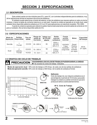 GEMINIS PM6
PC - 6
2
2.1 DESCRIPCIÓN
Esta unidad cuenta con dos módulos para CC y para VC, con controles independientes para la soldadura, muy
útil en aplicaciones donde se requieren dos arcos de soldadura.
El soldador puede seleccionar a través del selector, el tipo de soldadura que requiera aplicar en cada uno de los
módulos, ó tener la salida de corriente máxima en un solo lado. Cuando la unidad es operada en el modo dual, cada
soldador tiene disponible salida de soldadura en CC ó en VC para aplicaciones con electrodo revestido, TIG ó MIG.
Cuando la unidad es operada para obtener la salida máxima total solamente se tendrá salida de corriente en CC
para un soldador. (No se tiene disponible salida de VC)
SECCION 2 ESPECIFICACIONES
Modo de
Operación
Dual
1
Frontal
CC/CD
2
Lateral y
Frontal
CC/CD
VC/CD
15 - 300 A
10 - 32 V
30 - 600 A
550A a
30 VCD
40% C.T.
95
44
95
275A a
31VCD
40% C.T.
120/240V
1 fase
4kVA/kW
carga total
Diesel
Perkins
D3.152
enfriado
por agua
80 lts
(21.2gal)
Sencilla
Salidas
Disponibles
Tipo de
salida
Rango de
salida de
Corriente
Salida
nominal
soldadura
Fuerza
auxiliar
nominal
Motor Capacidad
del tanque
2-3 GRAFICA DE CICLO DE TRABAJO
EXCEDIENDOLOSCICLOSDETRABAJOPUEDENDAÑARLAUNIDAD
No exceda los ciclos de trabajo indicados.PRECAUCION
Definición
Ciclo de trabajo de una máquina soldadora es el
porcentajedeunperiodode10minutos,quepuede
trabajar la unidad a su salida nominal sin que se le
produzcandañososobrecalentamíentos.
10
0
MINUTOS
40 % Ciclo de Trabajo
4 Minutos Soldando 6 Minutos Sin Soldar
100
10 15 20 25 30
% CICLO DE TRABAJO
AMPERES
40 50 60 80 100
150
200
250
300
400
500
600
800
1000
SENCILLA
DUAL
15
O
CICLO DE TRABAJO
SOBRECALENTAMIENTO
REDUZCA
A ó V
0
Modo de operación dual 40% ciclo de trabajo a 275 Amps. de cada una de las salidas de soldadura
Modo de operación sencilla 40% ciclo de trabajo a 550 Amps. de la salida de soldadura frontal.
2-2 ESPECIFICACIONES
 