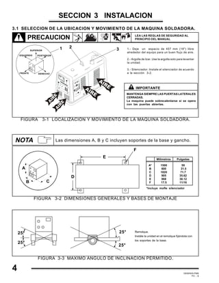 GEMINIS PM6
PC - 8
AIREAIRE
A
IR
EA
IR
E
Las dimensiones A, B y C incluyen soportes de la base y gancho.NOTA
1500
800
1820
905
968
17.5
A
B C
D
E
F
A*
B
C
D
E
F
59
31.5
71.7
35.62
38.12
11/16
Milímetros Pulgadas
FIGURA 3-2 DIMENSIONES GENERALES Y BASES DE MONTAJE
25°
25°
25°
25°
Remolque.
Instále la unidad en el remolque fijándola con
los soportes de la base.
FIGURA 3-3 MAXIMO ANGULO DE INCLINACION PERMITIDO.
4
FIGURA 3-1 LOCALIZACION Y MOVIMIENTO DE LA MAQUINA SOLDADORA.
FRENTE
IZQUIERDO
SUPERIOR
POSTERIOR
DERECHO
1.- Deje un espacio de 457 mm (18") libre
alrededor del equipo para un buen flujo de aire.
2.- Argolla de Izar. Use la argolla solo para levantar
la unidad.
3.- Silenciador. Instale el silenciador de acuerdo
a la sección 3-2.
1
3.1 SELECCION DE LA UBICACION Y MOVIMIENTO DE LA MAQUINA SOLDADORA.
SECCION 3 INSTALACION
PRECAUCION LEA LAS REGLAS DE SEGURIDAD AL
PRINCIPIO DEL MANUAL
2 3
*Incluye mofle silenciador
IMPORTANTE
MANTENGA SIEMPRE LAS PUERTAS LATERALES
CERRADAS.
La maquina puede sobrecalentarse si se opera
con las puertas abiertas.
 