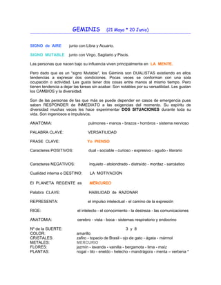GEMINIS (21 Mayo * 20 Junio)
SIGNO de AIRE junto con Libra y Acuario.
SIGNO MUTABLE junto con Virgo, Sagitario y Piscis.
L...
