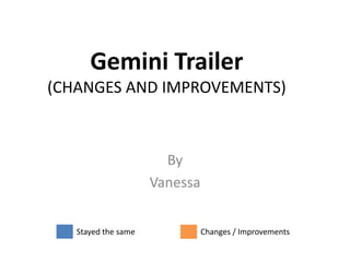 Gemini Trailer
(CHANGES AND IMPROVEMENTS)



                       By
                     Vanessa


   Stayed the same             Changes / Improvements
 