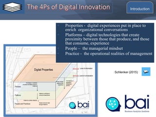 • Properties - digital experiences put in place to
enrich organizational conversations
• Platforms – digital technologies that create
proximity between those that produce, and those
that consume, experience
• People – the managerial mindset
• Practice - the operational realities of management
Schlenker (2015)
Introduction
 