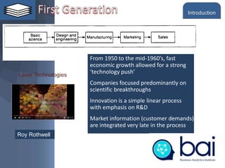 From 1950 to the mid-1960’s, fast
economic growth allowed for a strong
‘technology push’
Companies focused predominantly on
scientific breakthroughs
Innovation is a simple linear process
with emphasis on R&D
Market information (customer demands)
are integrated very late in the process
Roy Rothwell
Laser Technologies
Introduction
 