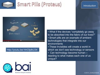 • What if the devices “completely go away
to be absorbed into the fabric of our lives?”
• Smart pills are an example of ambient
technologies that integrate into our
environments
• These Invisibles will create a world in
which we don’t see technology or sensors
• Can technology become human –
reacting to what makes each one of us
unique?
http://youtu.be/-hhOtjdkU34
©2019 L. SCHLENKER
Introduction
 