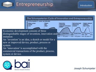 Economic development consists of three
distinguishable stages of invention, innovation and
imitation
An ’invention’ is an idea, a sketch or model for a
new or improved device, product, process or
system.
An ’innovation’ is accomplished with the
commercial transactions of the product, process,
system or device.
Joseph Schumpeter
Introduction
 