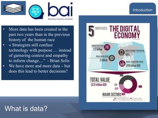 • More data has been created in the
past two years than in the previous
history of the human race
• « Strategists still confuse
technology with purpose … instead
of garnering context and empathy
to inform change…” - Brian Solis
• We have more and more data – but
does this lead to better decisions?
What is data?
Introduction
 