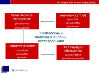 Комплескный   подоход к онлайн-исследованиям Ad Campaigns Effectiveness gemiusDirectEffect gemiusBranding & Profile Consumer Research   gemiusProfile gemiusAdHoc gemiusFGI Web-analytics Tools gemiusTraffic gemiusHeatMap gemius Stream Исследовательское портфолио Online Audience Measurement gemius Audience gemiusSequence 