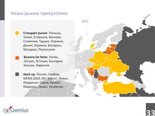 Наши рынки присутствия


    Стандарт рынка: Польша,
    Чехия, Словакия, Венгрия,
    Словения, Турция, Израиль,
    Дания, Украина, Беларусь,
    Молдова, Португалия

     Валюта De facto: Литва,
     Латвия, Эстония, Болгария,
     Босния, Хорватия

    Start-up: Россия, Сербия,
    MENA (ОАЭ, KSI, Египет, Ливан,
    Иордания, Сирия, Кувейт,
    Марокко, Тунис), Казахстан




                                     33
 