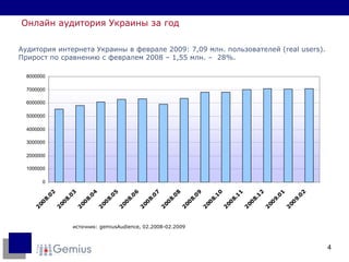источник :  gemiusAudience , 0 2 .2008-0 2 .2009 Онлайн аудитория Украины за год Аудитория интернета Украины в феврале 2009:  7 ,09 млн. пользователей ( real users ). Прирост по сравнению с февралем 2008 – 1,55 млн. –  28%. 
