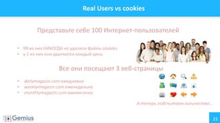 21
Real Users vs cookies
Представьте себе 100 Интернет-пользователей
• 99 из них НИКОГДА не удаляли файлы cookies
• у 1 из них они удаляются каждый день
Все они посещают 3 веб-страницы
• dailymagazin.com ежедневно
• weeklymagazin.com еженедельно
• monthlymagazin.com ежемесячно
А теперь подсчитаем количество...
 