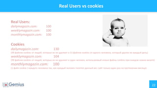 22
Real Users vs cookies
Real Users:
dailymagazin.com: 100
weeklymagazin.com: 100
monthlymagazin.com: 100
Cookies:
dailymagazin.com: 130
(99 файлов cookies от людей, которые их не удаляют и 31 файлов cookies от одного человека, который удалял их каждый день)
weeklymagazin.com: 104
(99 файлов cookies от людей, которые их не удаляют и один человек, используемый новые файлы cookies при каждом новом визите)
monthlymagazin.com: 100
(1 файл cookie с каждого человека так, как каждый человек посетил данный вес-сайт только один раз на протяжении месяца)
 