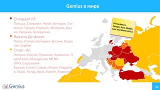 30
Gemius в мире
 Стандарт JIP
Польша, Словакия, Чехия, Венгрия, Сло
вения, Турция, Израиль, Молдова, Дан
ия, Украина, Белоруссия
 Валюта Де-факто
Литва, Латвия, Болгария, Босния, Хорва
тия, Сербия
 Старт- Ап
Эстония, Россия, Румыния, Казахстан, П
ортугалия, Македония, MENA
(ОАЭ, Саудовская
Аравия, Египет, Сирия, Ливан, Иордани
я, Оман, Катар, Ирак, Кувейт, Марокко)
 
