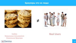 6
Браузеры это не люди
≠
Cookies
Уникальные пользователи
Уникальные браузеры
Real Users
 