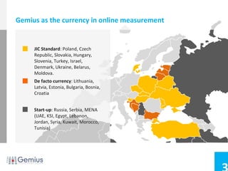 Gemius as the currency in online measurement


     JIC Standard: Poland, Czech
     Republic, Slovakia, Hungary,
     Slovenia, Turkey, Israel,
     Denmark, Ukraine, Belarus,
     Moldova.
     De facto currency: Lithuania,
                   ,
     Latvia, Estonia, Bulgaria, Bosnia,
     Croatia


     Start-up: Russia, Serbia, MENA
     (UAE, KSI, Egypt, Lebanon,
     Jordan, Syria, Kuwait, Morocco,
     Tunisia)
 