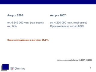 Август 2008 ок. 6 349 000  чел. ( real users ) ок. 14% Август 2007 ок. 4 200 000  чел.  ( real users ) Проникновение около 8,9% источник :  gemiusAudience ,  08.2007,  0 8 .2008 Охват исследования в августе: 57,2% 