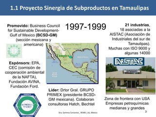 3
Promovido: Business Council
for Sustainable Development-
Gulf of Mexico (BCSD-GM)
(sección mexicana y
americana)
21 industrias,
18 asociadas a la
AISTAC (Asociación de
Industriales del sur de
Tamaulipas).
Muchas con ISO 9000 y
algunas 14000
Espónsors: EPA,
CEC (comisión de
cooperación ambiental
de la NAFTA),
Fundación AVINA,
Fundación Ford.
Líder: Drtor Gral. GRUPO
PRIMEX (presidente BCSD-
GM mexicana). Colaboran
consultoras Hatch, Bechtel
1997-1999
1.1 Proyecto Sinergia de Subproductos en Tamaulipas
Zona de frontera con USA
Empresas petroquímicas
medianas y grandes
Dra. Gemma Cervantes , REMEI, UG, México
 