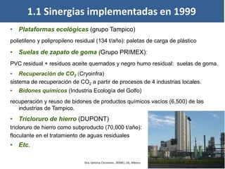 • Plataformas ecológicas (grupo Tampico)
polietileno y polipropileno residual (134 t/año): paletas de carga de plástico
• Suelas de zapato de goma (Grupo PRIMEX):
PVC residual + residuos aceite quemados y negro humo residual: suelas de goma.
• Recuperación de CO2 (Cryoinfra)
sistema de recuperación de CO2 a partir de procesos de 4 industrias locales.
• Bidones químicos (Industria Ecología del Golfo)
recuperación y reuso de bidones de productos químicos vacíos (6,500) de las
industrias de Tampico.
• Tricloruro de hierro (DUPONT)
tricloruro de hierro como subproducto (70,000 t/año):
floculante en el tratamiento de aguas residuales
• Etc.
1.1 Sinergias implementadas en 1999
Dra. Gemma Cervantes , REMEI, UG, México
 