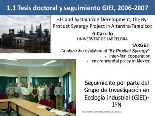 «IE and Sustainable Development, the By-
Product Synergy Project in Altamira-Tampico»
G.Carrillo
UNIVERSITAT DE BARCELONA
1.1 Tesis doctoral y seguimiento GIEI, 2006-2007
TARGET:
Analyze the evolution of “By Product Synergy”:
- inter-firm cooperation
- environmental policy in Mexico
Seguimiento por parte del
Grupo de Investigación en
Ecología Industrial (GIEI)-
IPN
Dra. Gemma Cervantes , REMEI, UG, México
 
