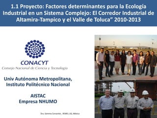 1.1 Proyecto: Factores determinantes para la Ecología
Industrial en un Sistema Complejo: El Corredor Industrial de
Altamira-Tampico y el Valle de Toluca” 2010-2013
Univ Autónoma Metropolitana,
Instituto Politécnico Nacional
AISTAC
Empresa NHUMO
Dra. Gemma Cervantes , REMEI, UG, México
 