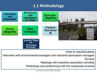 Visits to industrial plants
Interviews with environmental managers and industrial association managers
Surveys
Meetings with industrial association comitees
Workshops and conferences with the companies involved
Industries
and
processes
Environme
ntal
manageme
nt model
Synergies
diagrams
Social
diagrams
New
sinergies
Factors
that favor
IE
possible "Regio
nal
By-Product
Exchange"
1.1 Methodology
Dra. Gemma Cervantes , REMEI, UG, México
 