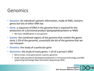 Genomics
• Genome: An individual's genetic information, made of DNA, contains
genes but lots of other DNA too
• Gene: a sequence of DNA in the genome that is required for the
production of a functional product (polypeptide/protein or RNA)
• We have >20,000 genes in our genome
• Exome: the combined regions of the genome that contain the genes
(only 1-2% of the genome), essentially the bit of the genome that we
can interpret
• Genetics: the study of a particular gene
• Genomics: the study of many genes -> all of a person’s DNA
• Micro-arrays, multi-gene panels, exomes, genomes
• Study made possible by development/advances in microarray technology and DNA
sequencing technology (Next Generation Sequencing, NGS)
 