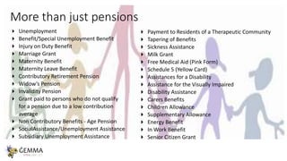 More than just pensions
 Unemployment
 Benefit/Special Unemployment Benefit
 Injury on Duty Benefit
 Marriage Grant
 ...