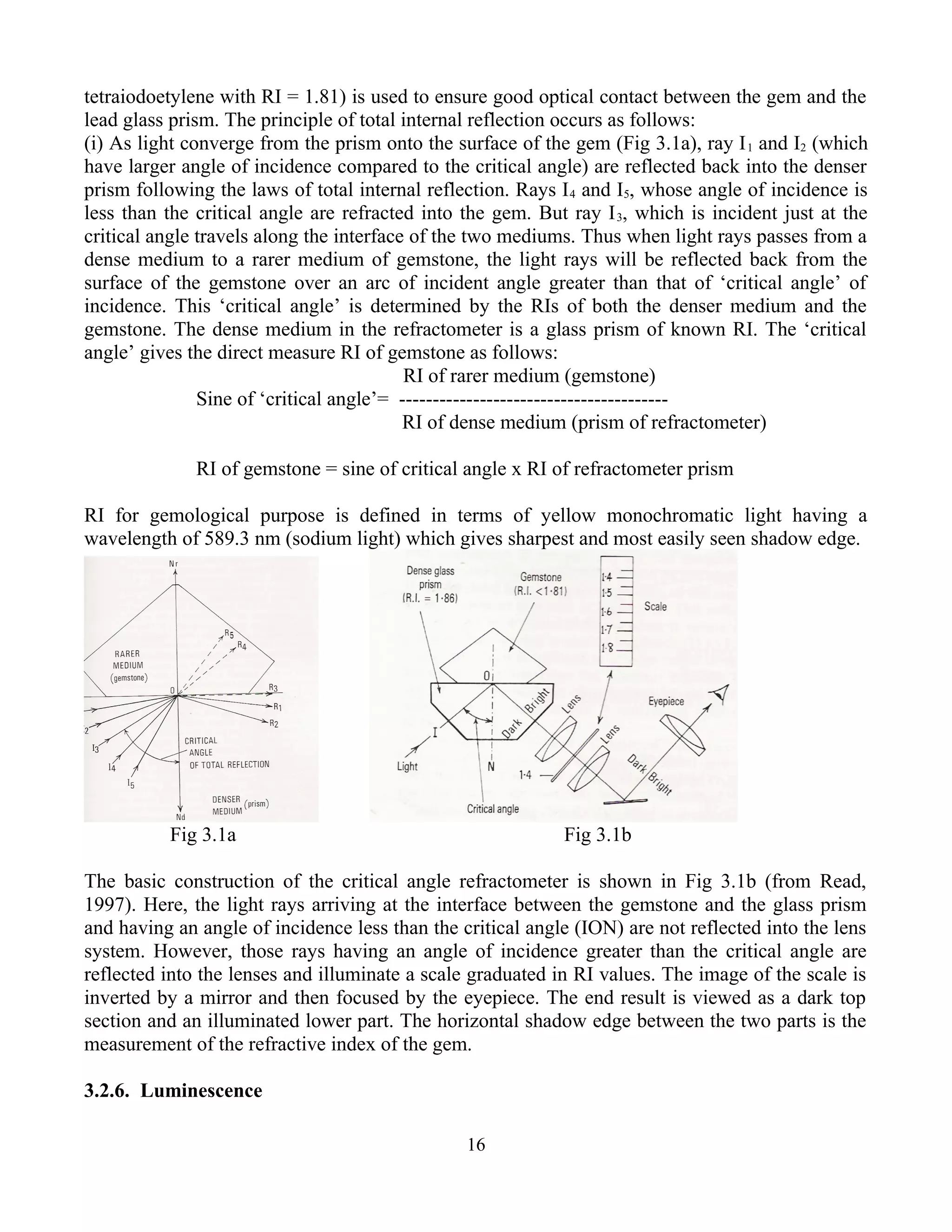 tetraiodoetylene with RI = 1.81) is used to ensure good optical contact between the gem and the
lead glass prism. The principle of total internal reflection occurs as follows:
(i) As light converge from the prism onto the surface of the gem (Fig 3.1a), ray I1 and I2 (which
have larger angle of incidence compared to the critical angle) are reflected back into the denser
prism following the laws of total internal reflection. Rays I4 and I5, whose angle of incidence is
less than the critical angle are refracted into the gem. But ray I3, which is incident just at the
critical angle travels along the interface of the two mediums. Thus when light rays passes from a
dense medium to a rarer medium of gemstone, the light rays will be reflected back from the
surface of the gemstone over an arc of incident angle greater than that of ‘critical angle’ of
incidence. This ‘critical angle’ is determined by the RIs of both the denser medium and the
gemstone. The dense medium in the refractometer is a glass prism of known RI. The ‘critical
angle’ gives the direct measure RI of gemstone as follows:
RI of rarer medium (gemstone)
Sine of ‘critical angle’= ----------------------------------------
RI of dense medium (prism of refractometer)
RI of gemstone = sine of critical angle x RI of refractometer prism
RI for gemological purpose is defined in terms of yellow monochromatic light having a
wavelength of 589.3 nm (sodium light) which gives sharpest and most easily seen shadow edge.
Fig 3.1a Fig 3.1b
The basic construction of the critical angle refractometer is shown in Fig 3.1b (from Read,
1997). Here, the light rays arriving at the interface between the gemstone and the glass prism
and having an angle of incidence less than the critical angle (ION) are not reflected into the lens
system. However, those rays having an angle of incidence greater than the critical angle are
reflected into the lenses and illuminate a scale graduated in RI values. The image of the scale is
inverted by a mirror and then focused by the eyepiece. The end result is viewed as a dark top
section and an illuminated lower part. The horizontal shadow edge between the two parts is the
measurement of the refractive index of the gem.
3.2.6. Luminescence
16
 