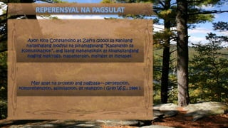 Ayon kina Constantino at Zafra (2000) sa kanilang
nailathalang modyul na pinamagatang “Kasanayan sa
Komunikasyon”, ang isang mananaliksik ay kinakailangang
maging matiyaga, mapamaraan, maingat at matapat.
May apat na proseso ang pagbasa— persepsyon,
komprehensyon, asimilasyon, at reaksyon ( Grey W.S., 1984 ).
 