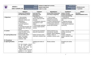 Grade 4 Daily Lesson Log: Classroom Routines and Values Integration | DOCX