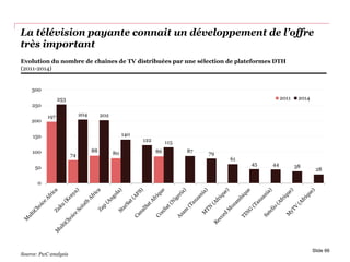 La télévision payante connait un développement de l’offre
très important
197
74
88 80 86
253
204 202
140
122 115
87 79
61
45 44 38
28
0
50
100
150
200
250
300
2011 2014
Slide 66
Evolution du nombre de chaînes de TV distribuées par une sélection de plateformes DTH
(2011-2014)
Source: PwC analysis
 
