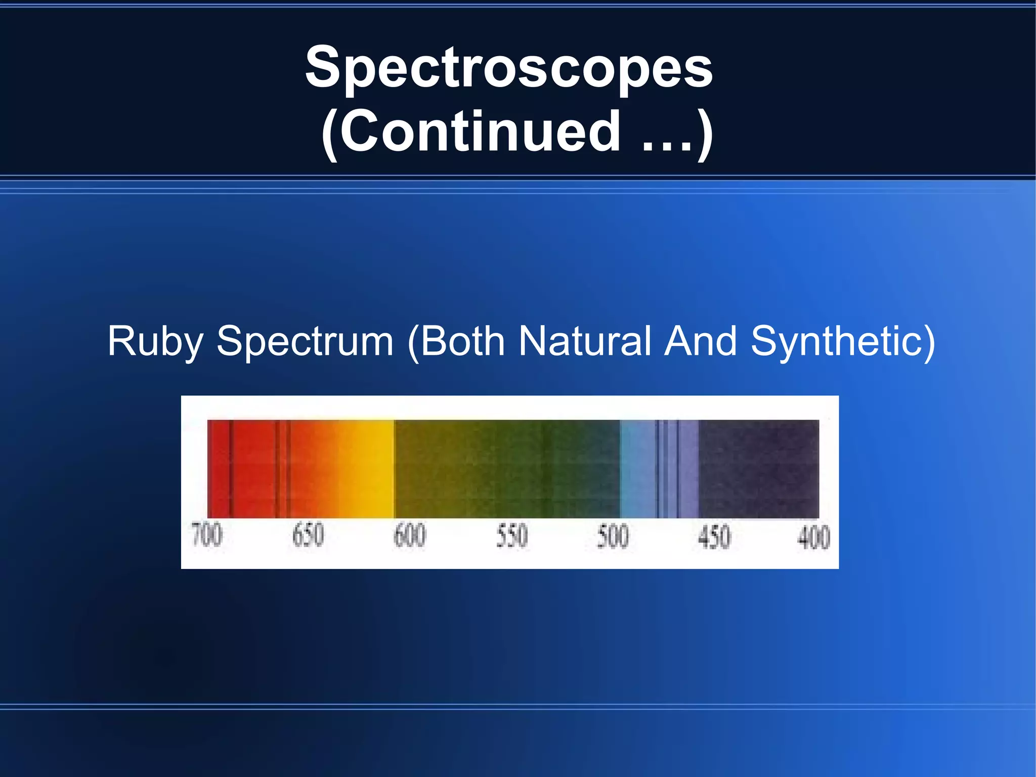 Spectroscopes
(Continued …)
Ruby Spectrum (Both Natural And Synthetic)
 