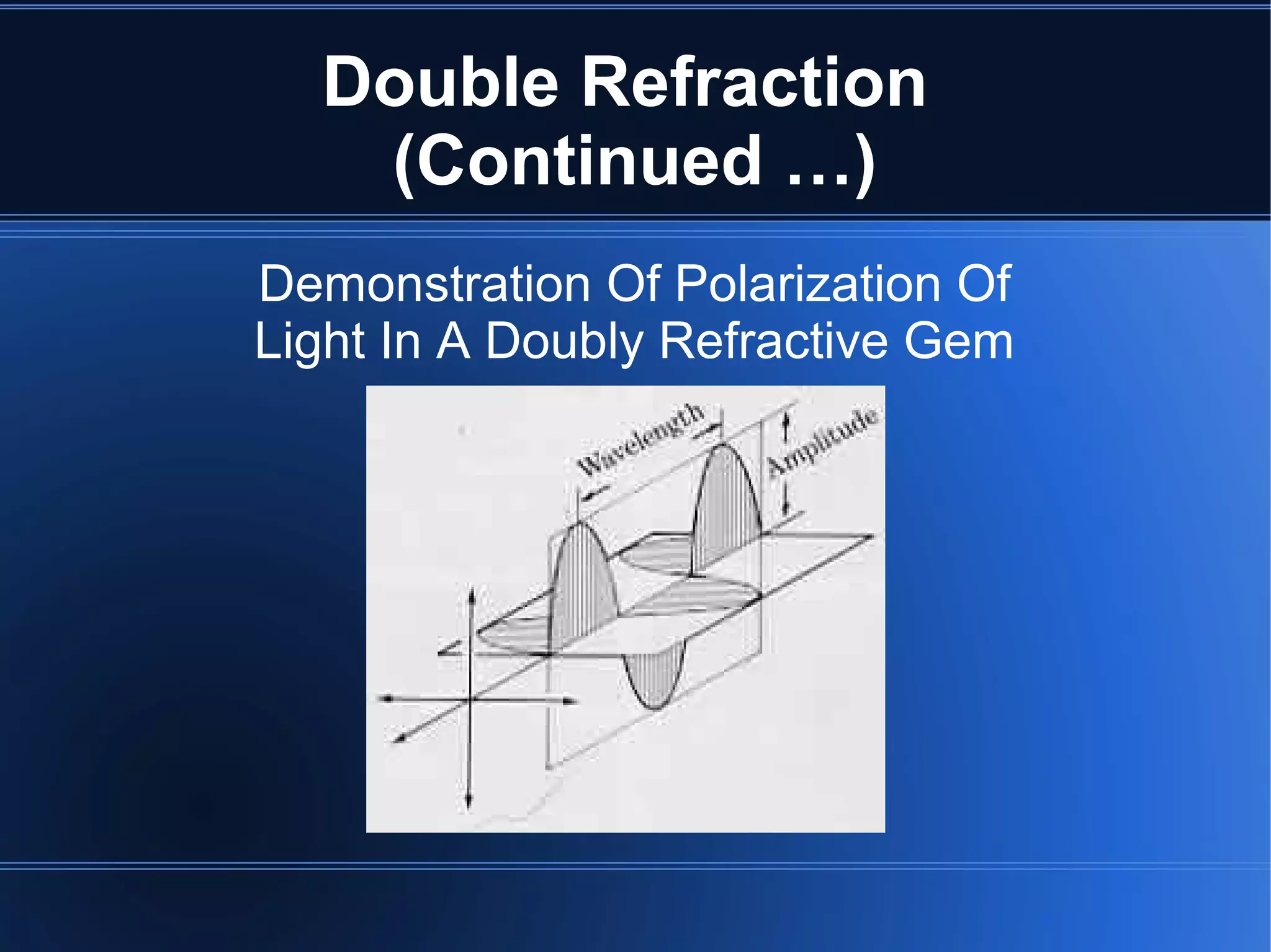 Double Refraction
(Continued …)
Demonstration Of Polarization Of
Light In A Doubly Refractive Gem
 