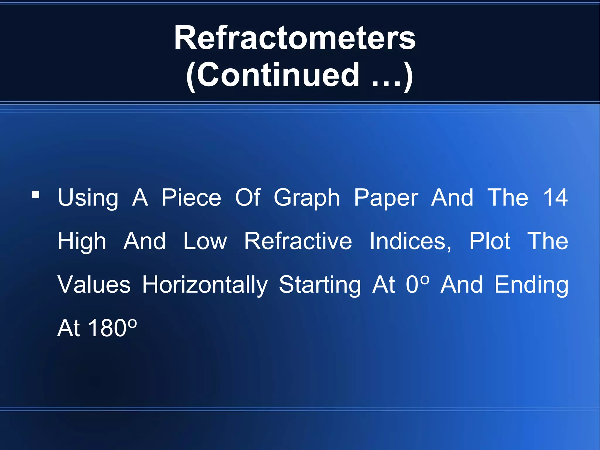 Refractometers
(Continued …)
 Using A Piece Of Graph Paper And The 14
High And Low Refractive Indices, Plot The
Values Horizontally Starting At 0º And Ending
At 180º
 