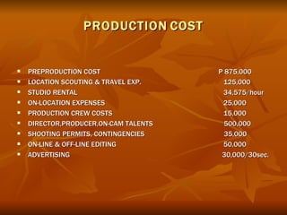 PRODUCTION   COST PREPRODUCTION COST   P 875,000 LOCATION SCOUTING & TRAVEL EXP.   125,000 STUDIO RENTAL   34,575/hour ON-LOCATION EXPENSES   25,000 PRODUCTION CREW COSTS   15,000 DIRECTOR,PRODUCER,ON-CAM TALENTS   500,000 SHOOTING PERMITS, CONTINGENCIES   35,000 ON-LINE & OFF-LINE EDITING   50,000 ADVERTISING   30,000/30sec. 
