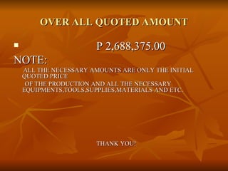 OVER ALL QUOTED AMOUNT P 2,688,375.00 NOTE: ALL THE NECESSARY AMOUNTS ARE ONLY THE INITIAL QUOTED PRICE  OF THE PRODUCTION AND ALL THE NECESSARY EQUIPMENTS,TOOLS,SUPPLIES,MATERIALS AND ETC.   THANK YOU! 