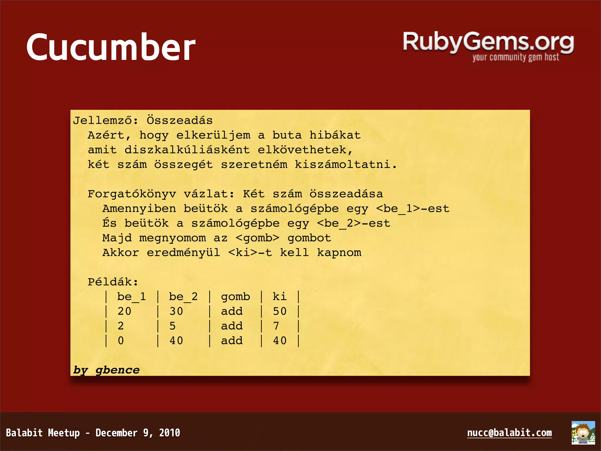 Cucumber Jellemző: Összeadás Azért, hogy elkerüljem a buta hibákat amit diszkalkúliásként elkövethetek, két szám összegét szeretném kiszámoltatni. Forgatókönyv vázlat: Két szám összeadása Amennyiben beütök a számológépbe egy <be_1>-est És beütök a számológépbe egy <be_2>-est Majd megnyomom az <gomb> gombot Akkor eredményül <ki>-t kell kapnom Példák: | be_1 | be_2 | gomb | ki | | 20 | 30 | add | 50 | | 2 | 5 | add | 7 | | 0 | 40 | add | 40 | by gbence 