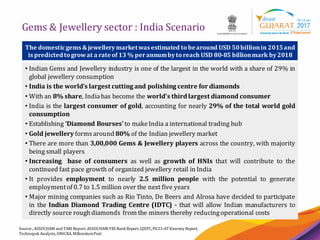 3
Gems & Jewellery sector : India Scenario
The domesticgems &jewellerymarketwas estimated to bearound USD 50billionin 2015and
is predictedto growat a rateof 13 % perannumbyto reach USD 80-85 billionmark by2018
Source:,ASSOCHAM and TARI Report. ASSOCHAM-YES BankReport,GJEPC,FICCI-AT Kearney Report,
Technopak Analysts,ONICRA,MillenniumPost
• Indian Gems and Jewellery industry is one of the largest in the world with a share of 29% in
global jewellery consumption
• India is the world’s largest cutting and polishing centre for diamonds
• With an 8% share, Indiahas become the world's thirdlargest diamond consumer
• India is the largest consumer of gold, accounting for nearly 29% of the total world gold
consumption
• Establishing ‘Diamond Bourses’to makeIndia a international trading hub
• Gold jewellery forms around 80% of the Indian jewellery market
• There are more than 3,00,000 Gems & Jewellery players across the country, with majority
being small players
• Increasing base of consumers as well as growth of HNIs that will contribute to the
continued fast pace growth of organized jewellery retail in India
• It provides employment to nearly 2.5 million people with the potential to generate
employmentof 0.7 to 1.5 million over the next five years
• Major mining companies such as Rio Tinto, De Beers and Alrosa have decided to participate
in the Indian Diamond Trading Centre (IDTC) - that will allow Indian manufacturers to
directly source roughdiamonds from the miners thereby reducingoperational costs
 