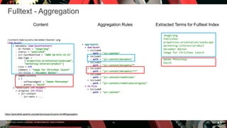 © 2016 Adobe Systems Incorporated. All Rights Reserved. Adobe Confidential.
Fulltext - Aggregation
16
/content/dam/assets/december/banner.png
(dam:Asset)
+ metadata (dam:AssetContent)
- dc:format = "image/png"
- status = "published"
- jcr:lastModified = "2009-10-9T21:52:31"
- app:tags =
["properties:orientation/landscape",
"marketing:interest/product"]
- size = 450
- comment = "Image for Christmas launch"
- jcr:title = "December Banner"
+ xmpMM:History
+ 1
- softwareAgent = "Adobe Photoshop"
- author = "David"
+ renditions (nt:folder)
+ original (nt:file)
+ jcr:content
- jcr:data = ...
+ aggregates
+ dam:Asset
+ include0
- path = "jcr:content"
+ include1
- path = "jcr:content/metadata"
+ include2
- path = "jcr:content/metadata/*"
+ include3
- path = "jcr:content/metadata/*/*"
+ include4
- path = "jcr:content/renditions"
+ include5
- path = "jcr:content/renditions/original"
+ nt:file
+ include0
- path = "jcr:content"
image/png
Published
properties:orientation/landscape
marketing:interest/product
December Banner
Image for Christmas launch
Adobe Photoshop
David
Content Aggregation Rules Extracted Terms for Fulltext Index
https://jackrabbit.apache.org/oak/docs/query/lucene.html#Aggregation
 