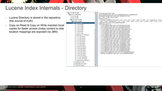 © 2016 Adobe Systems Incorporated. All Rights Reserved. Adobe Confidential.
Lucene Index Internals - Directory
 Lucene Directory is stored in the repository
(the source of truth)
 Copy on Read & Copy on Write maintain local
copies for faster access (index content to disk
location mappings are exposed via JMX)
23
 